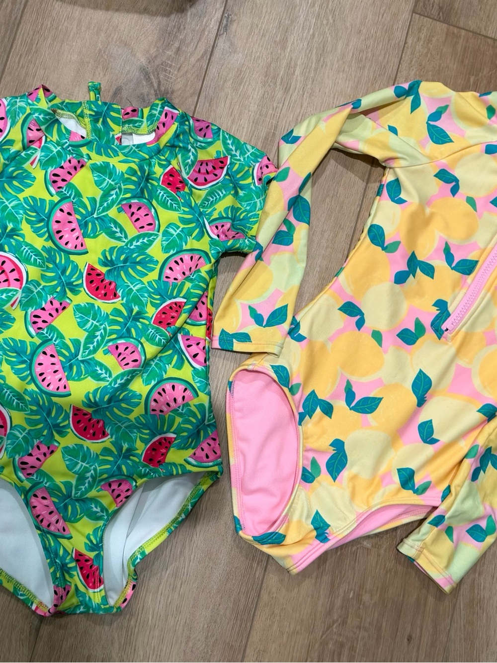 Girls Bright Fruit Swimsuits - Watermelon & Lemon Size 6/7